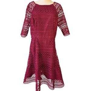 NWT Kay Unger New‎ York Burgundy Eyelet Lace Midi Dress Size 14 Formal Cocktail